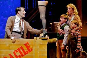 John Bolton and Erin Dilly as the parents and Johnny Rabe and Zac Ballard as Ralphie and Randy in A Christmas Story, the Musical, now on Broadway.